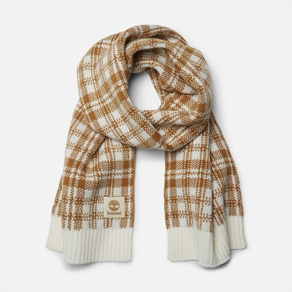 NWT Timberland Buffalo Plaid Rectangle Scarf Tan & White Streetwear Fall Outdoor